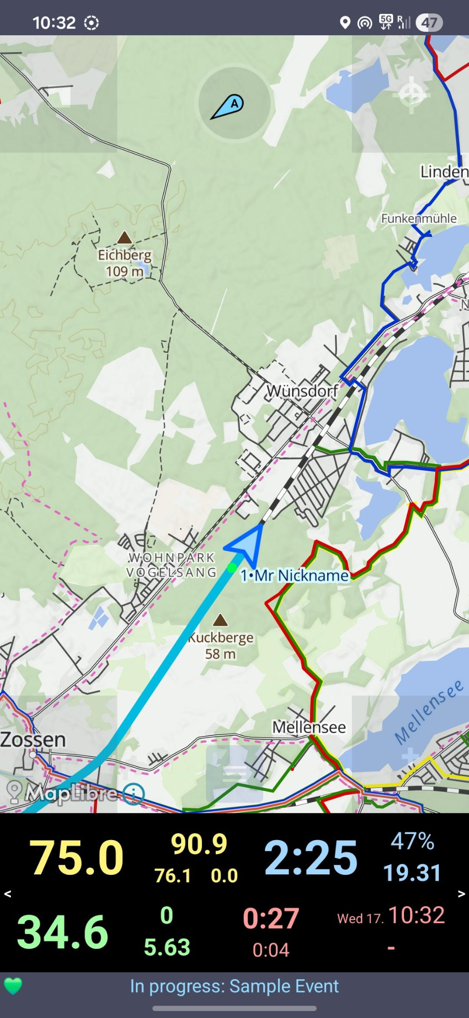 MapCatch mobile participant tracking screen with route progress