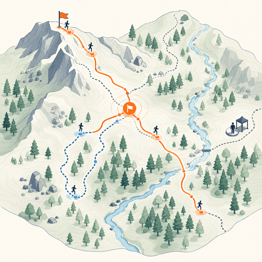 Trail runner moving through mountain terrain