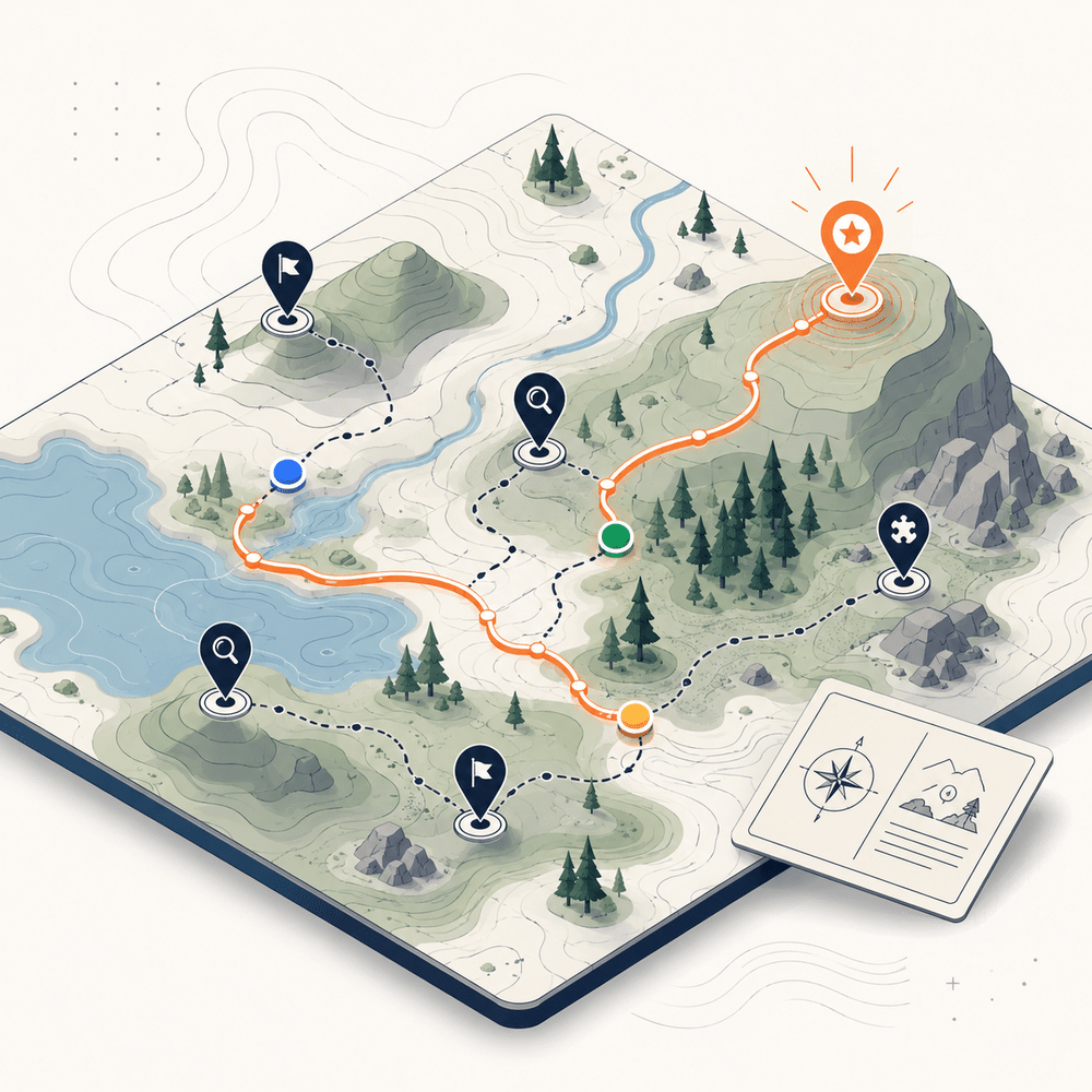 Outdoor treasure hunt scene with map-based discovery