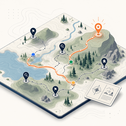 Outdoor treasure hunt scene with map-based discovery